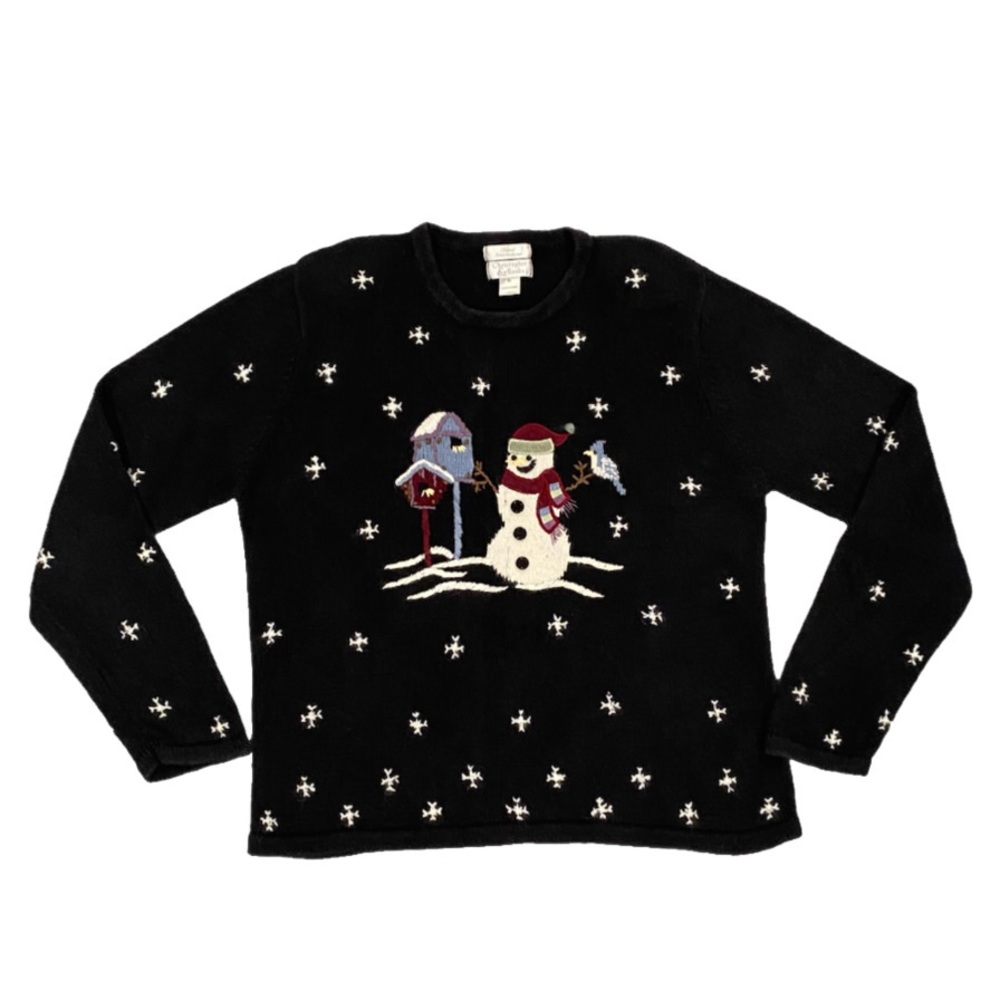 Christopher & Banks 2003 Hand Embroidered Sweater Women’s M Snowman/Flakes/Birds